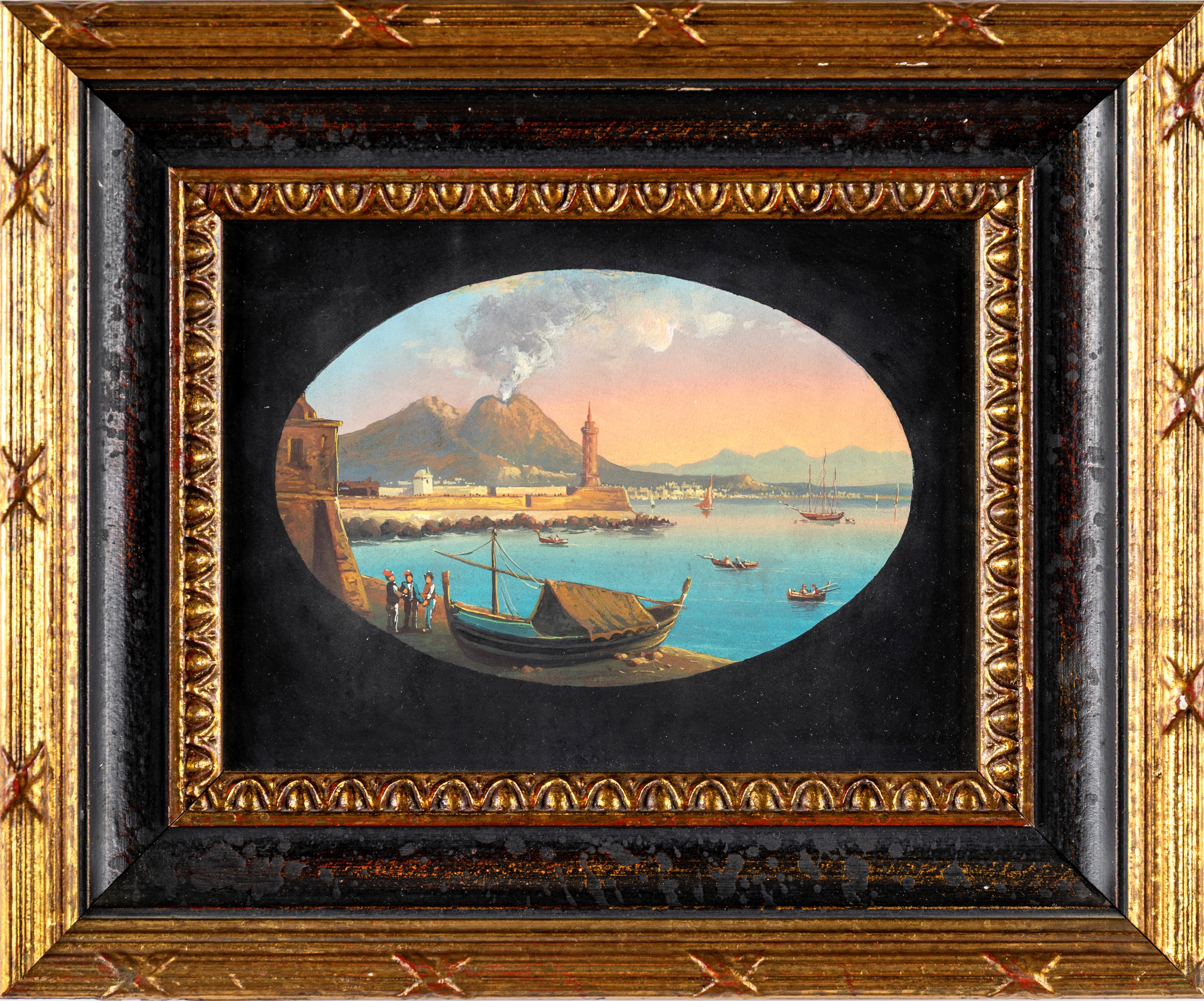 Anonimo, Veduta di Napoli con il faro di S. Lucia, gouache su cartoncino