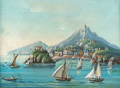 Autore sconosciuto, Veduta di Ischia, gouache su cartoncino