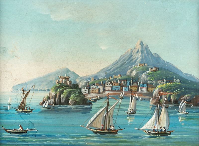 Autore sconosciuto, Veduta di Ischia, gouache su cartoncino