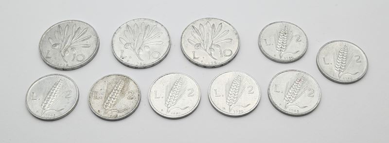 Repubblica Italiana, serie di monete in 2 Lire (1946, 1948, 1950) e 10 Lire (1948, 1950)