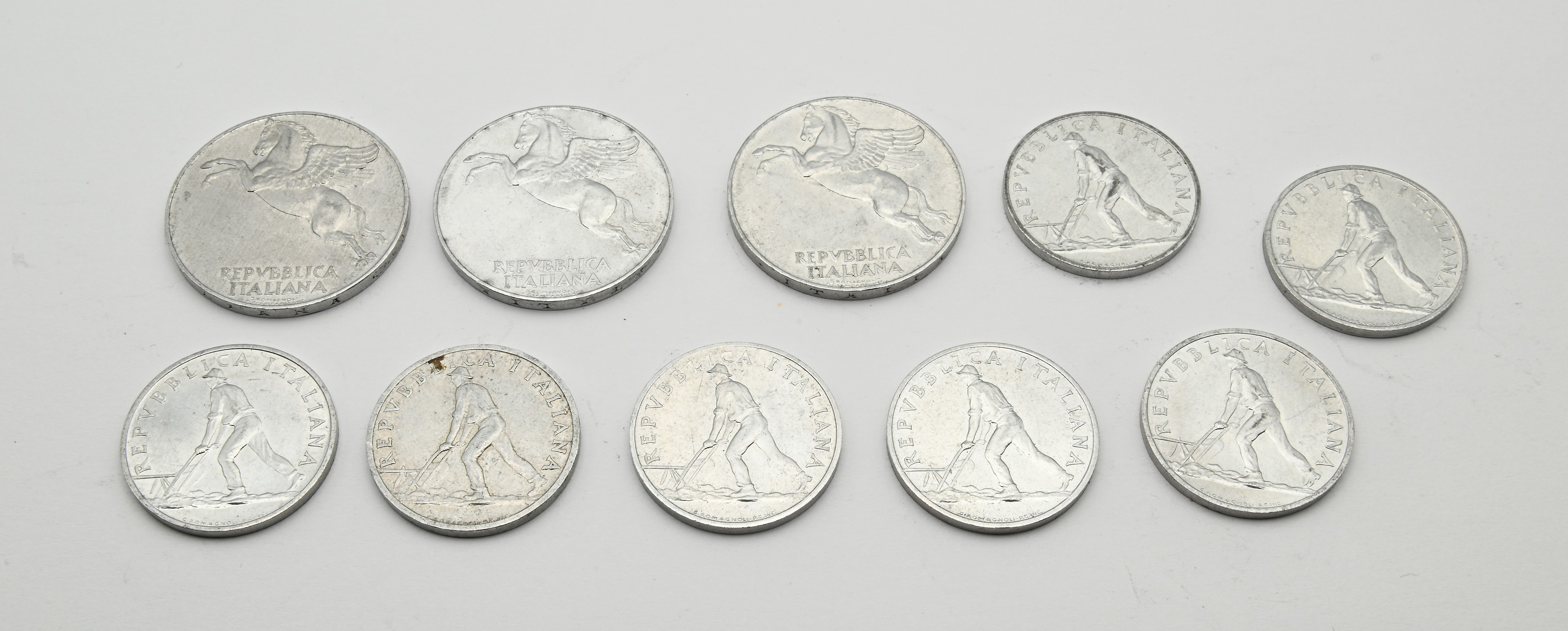 Repubblica Italiana, serie di monete in 2 Lire (1946, 1948, 1950) e 10 Lire (1948, 1950)