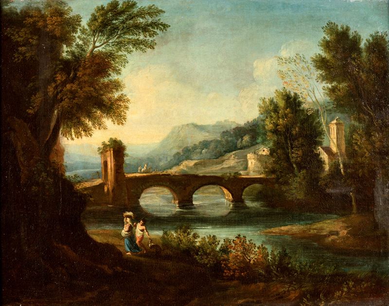Pittore della Fine del XVIII Secolo - Paesaggio con fiume e ponte