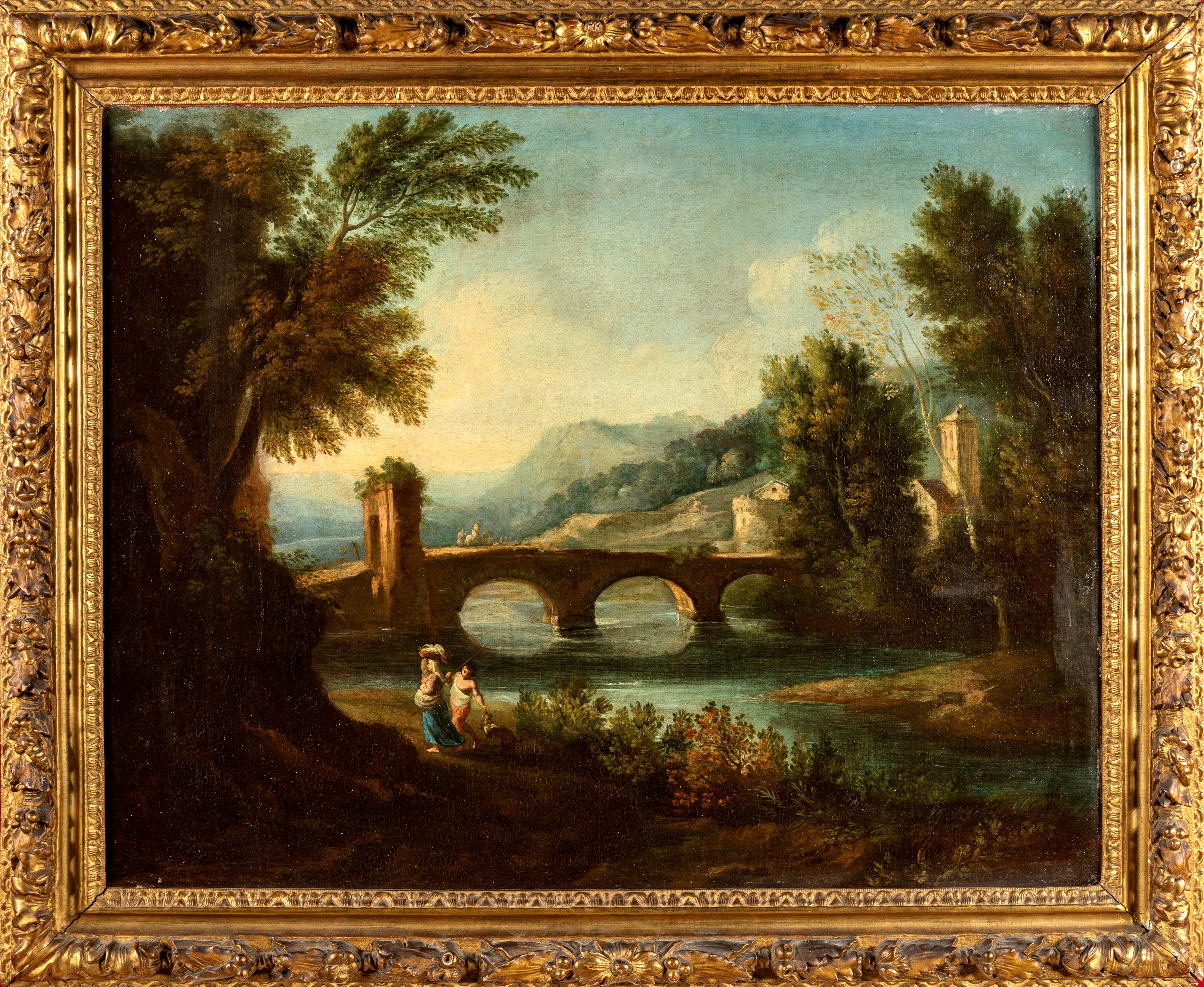 Pittore della Fine del XVIII Secolo - Paesaggio con fiume e ponte