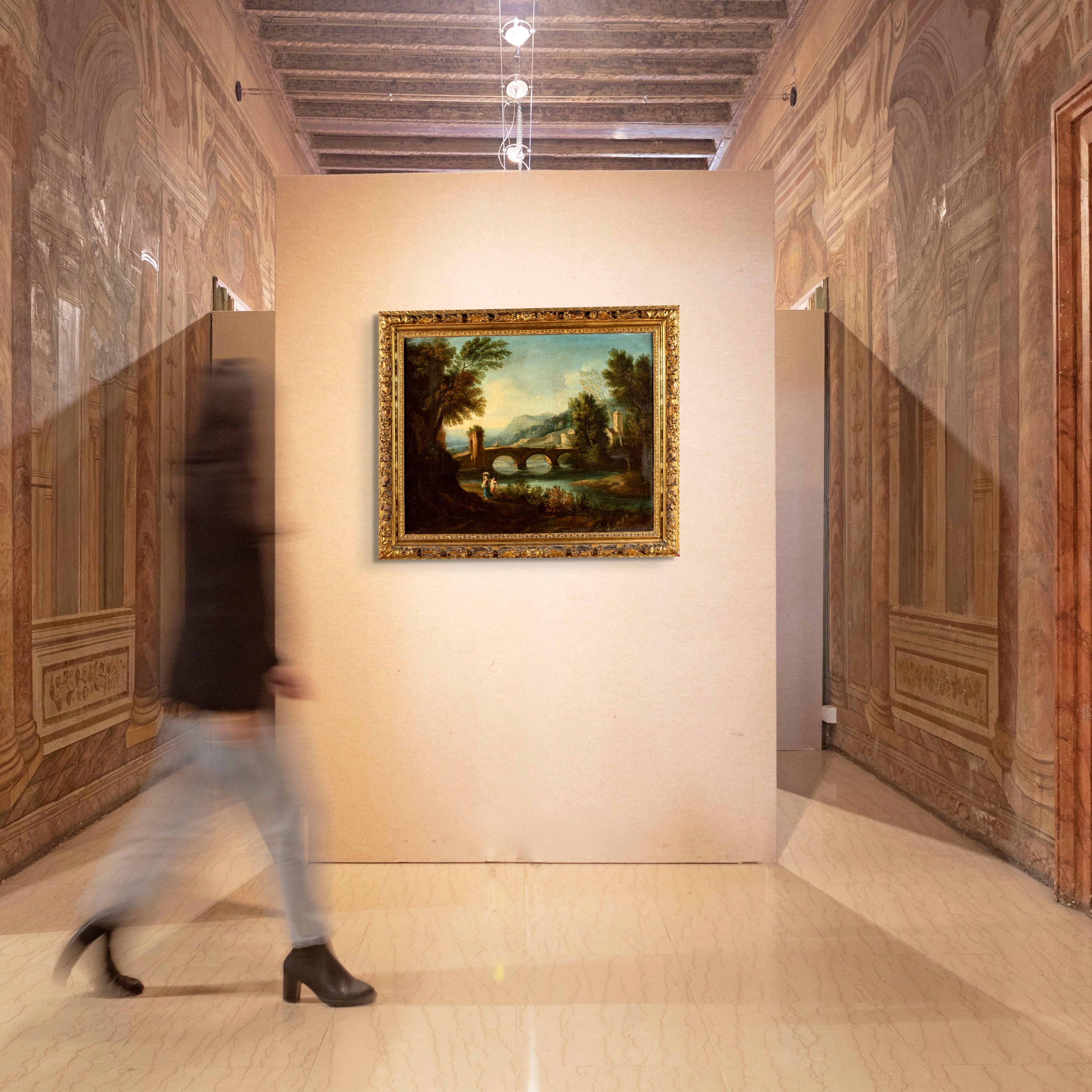 Pittore della Fine del XVIII Secolo - Paesaggio con fiume e ponte