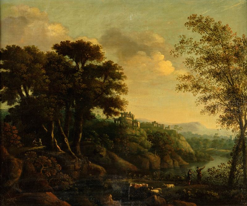 Pittore del XVIII Secolo - Paesaggio fluviale con viandanti