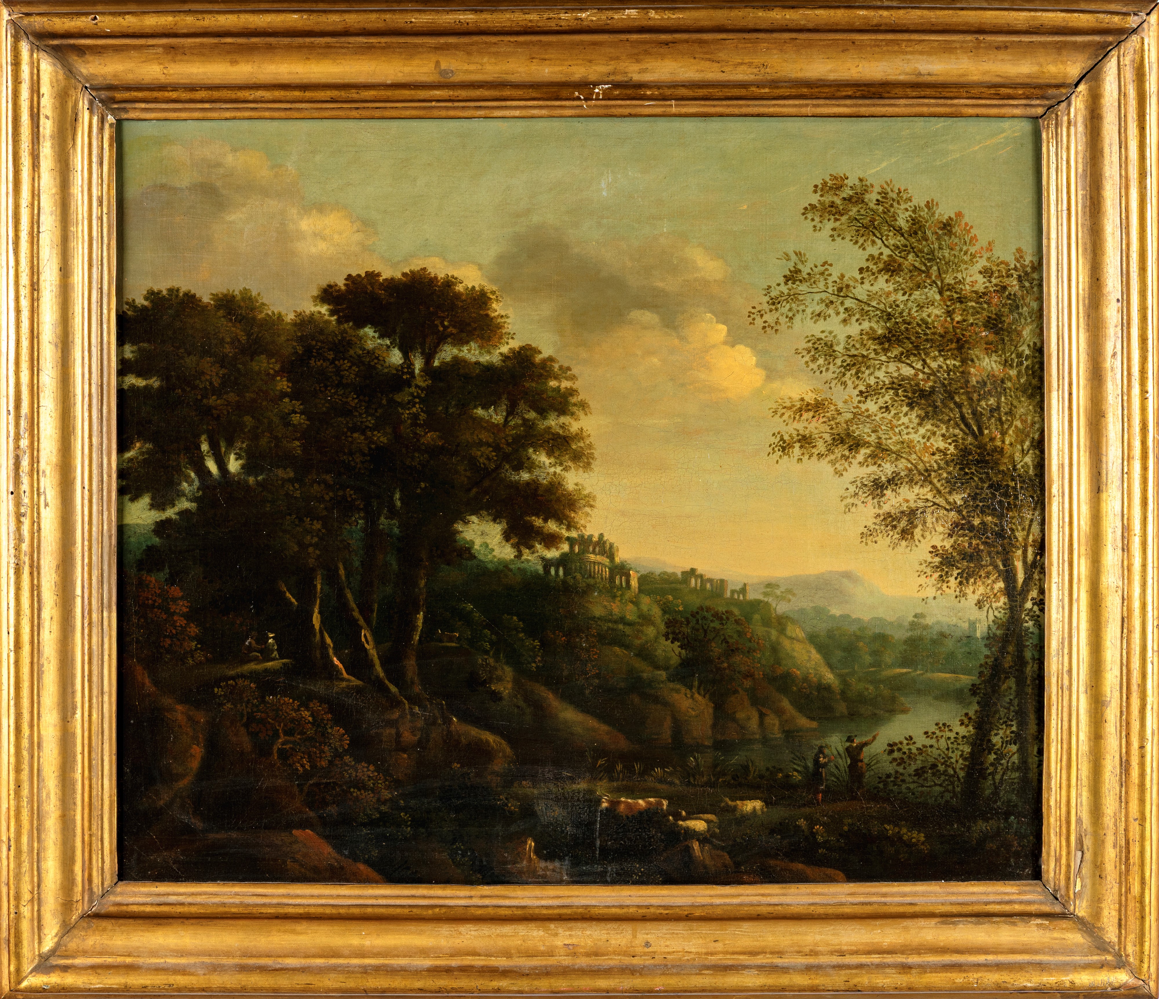 Pittore del XVIII Secolo - Paesaggio fluviale con viandanti