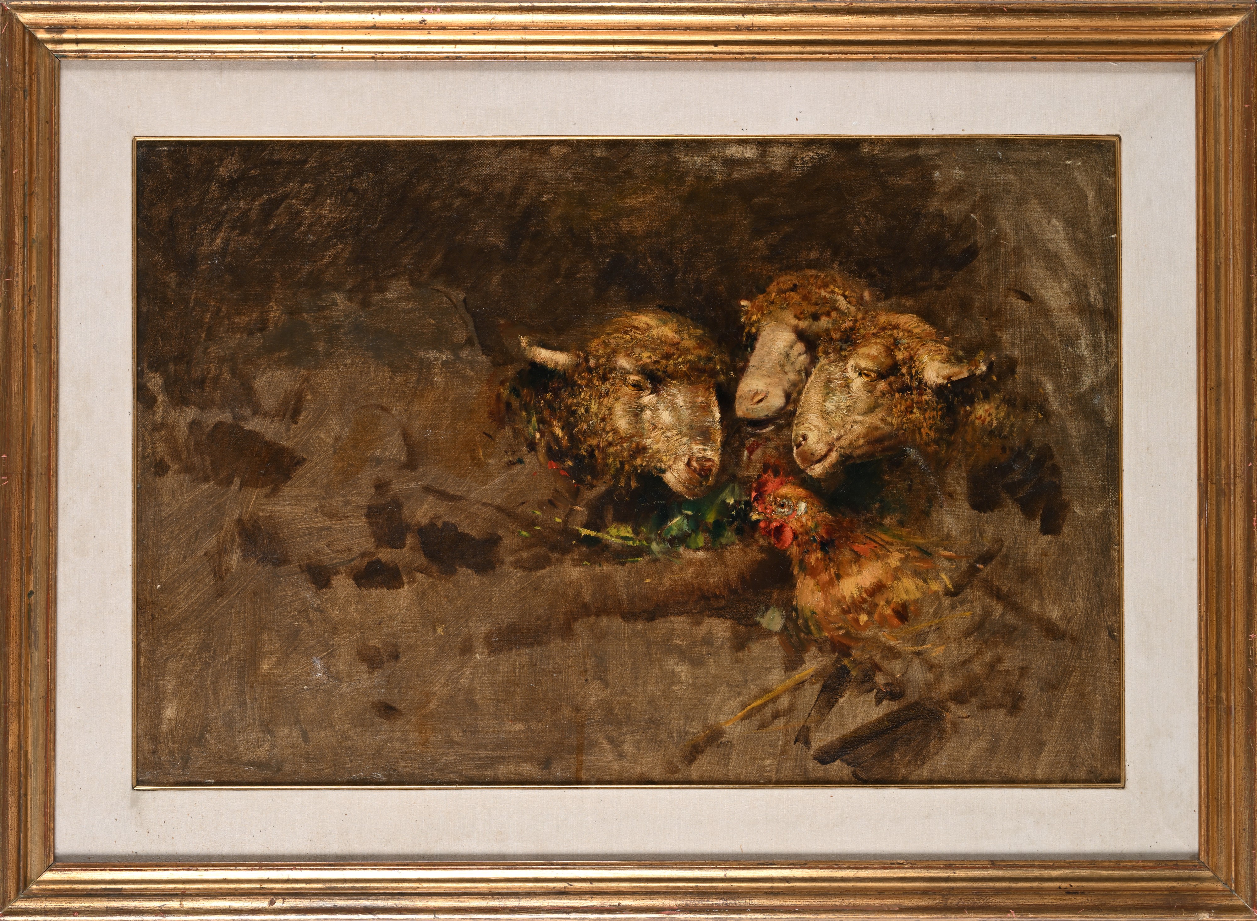 Tito Pellicciotti - Tre pecore e una gallina, olio su tela