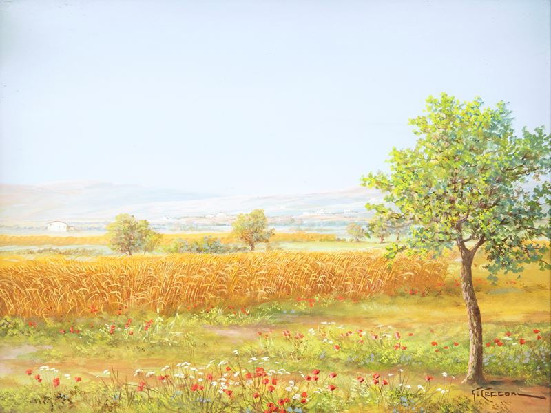 Giuseppe Cecconi - Campagna a primavera, tecnica mista su cartoncino