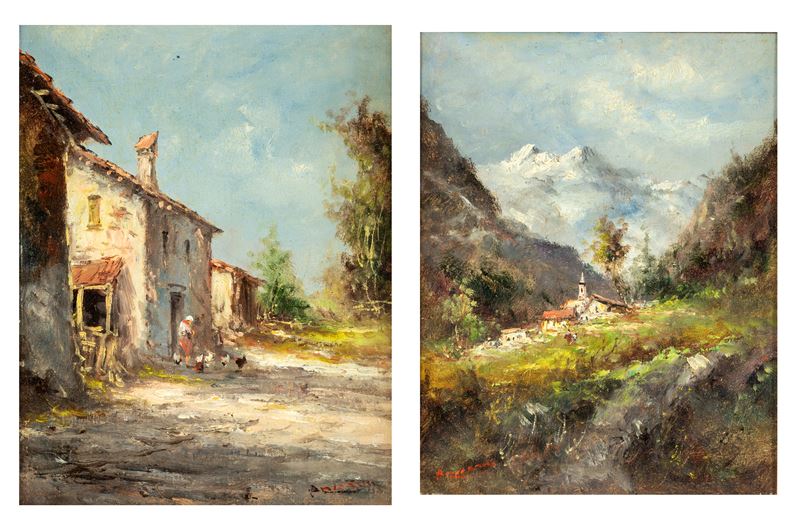 Athos Brioschi - Coppia di vedute montane, olio su cartone telato
