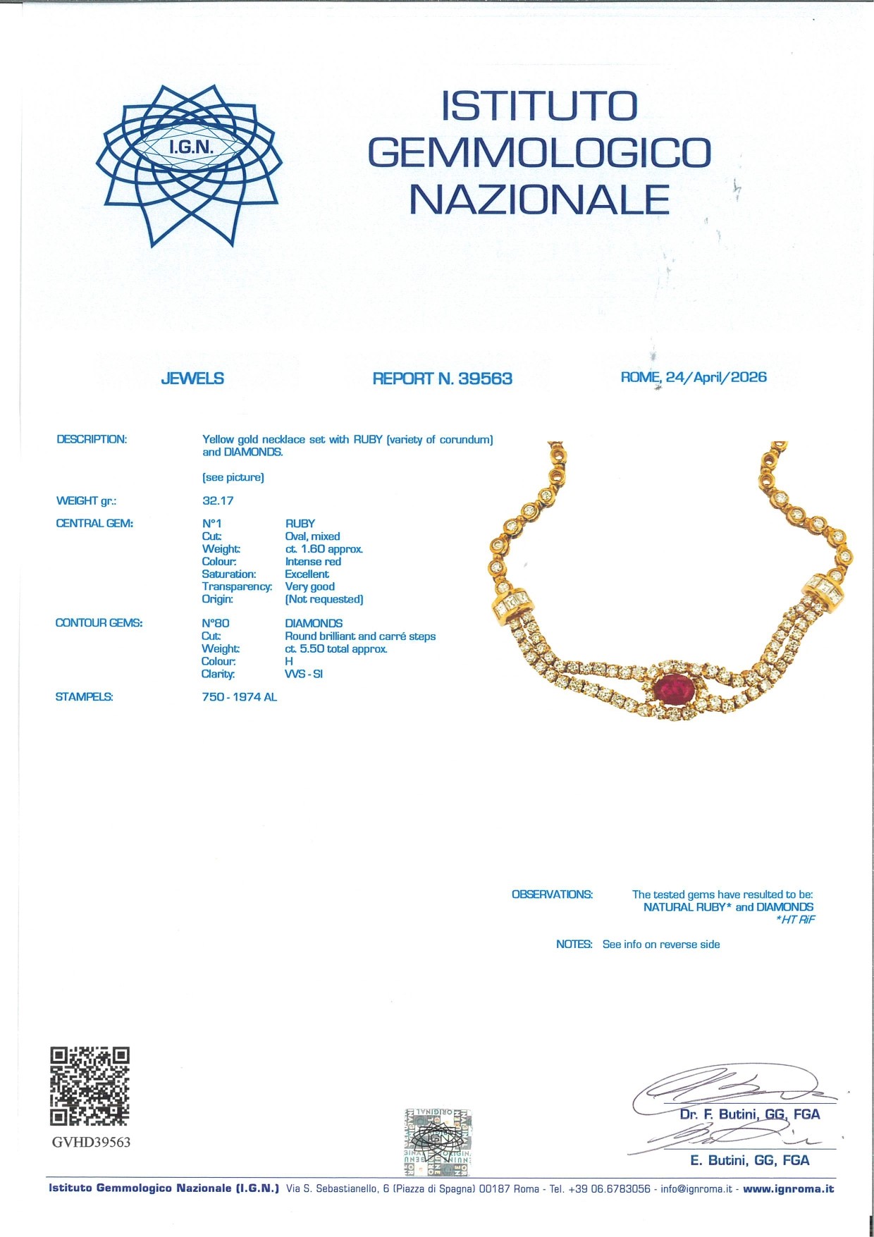 Girocollo in oro giallo, brillanti e rubini