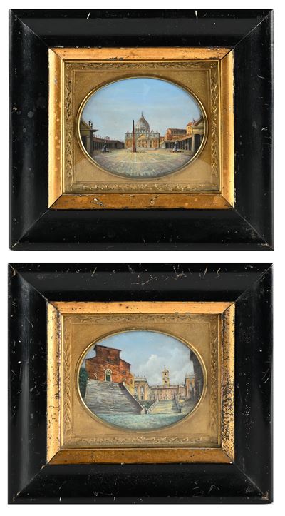 a) Veduta del colle del Campidoglio e b) Veduta di piazza San Pietro, coppia di olii su cartoncin...