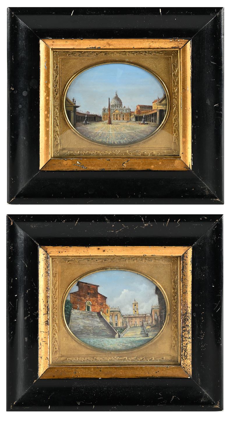a) Veduta del colle del Campidoglio e b) Veduta di piazza San Pietro, coppia di olii su cartoncin...