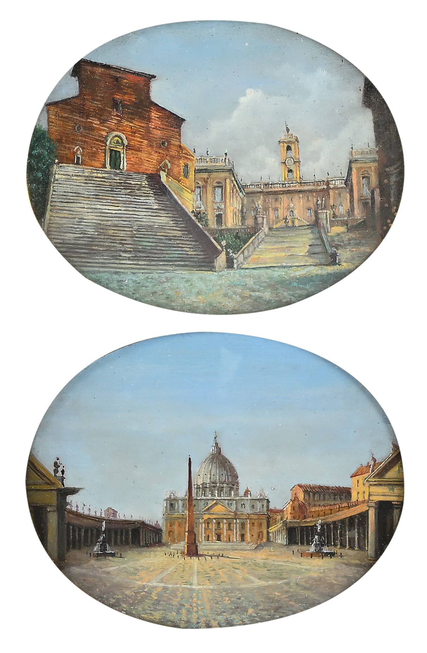 a) Veduta del colle del Campidoglio e b) Veduta di piazza San Pietro, coppia di olii su cartoncin...