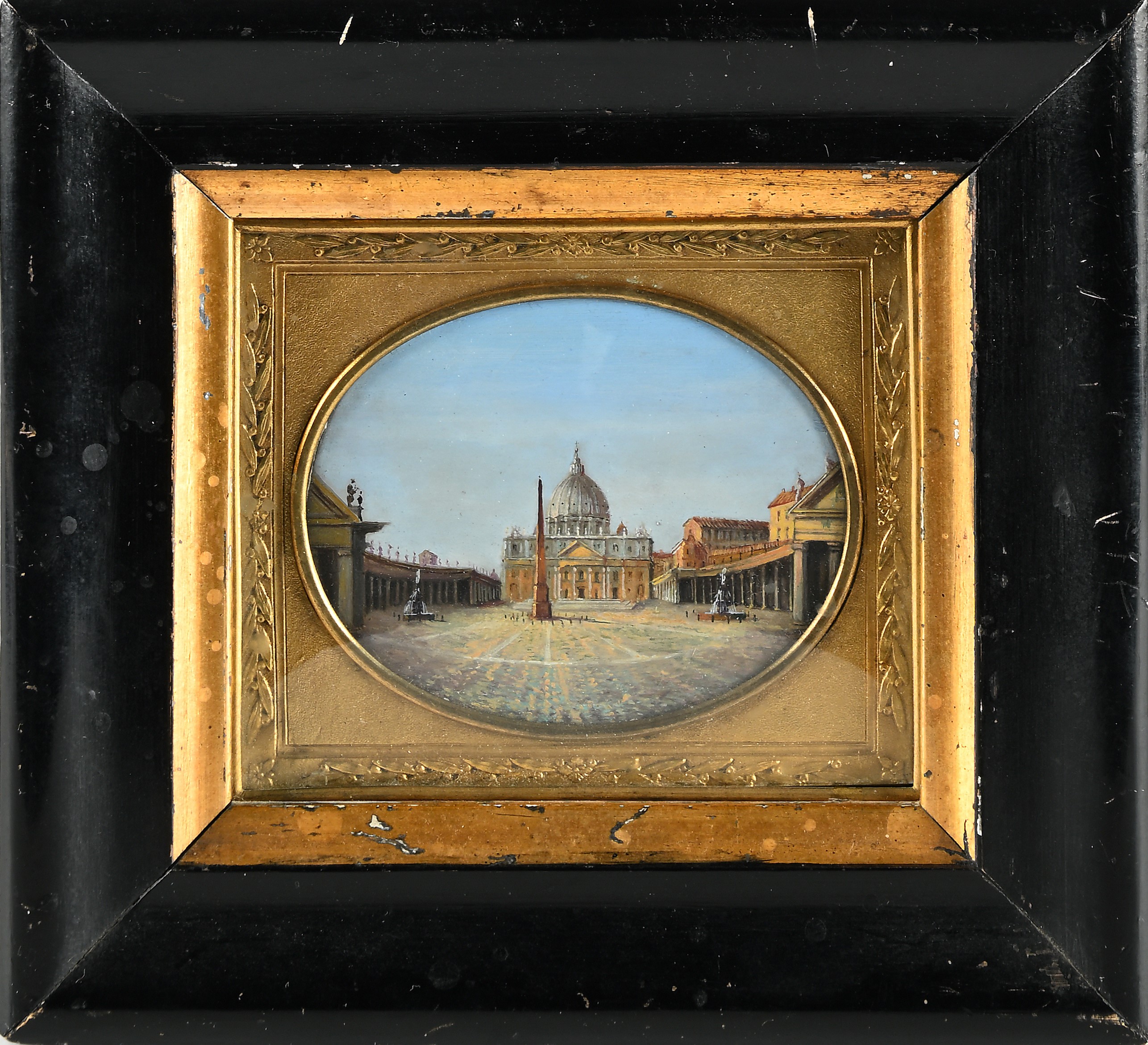 a) Veduta del colle del Campidoglio e b) Veduta di piazza San Pietro, coppia di olii su cartoncin...