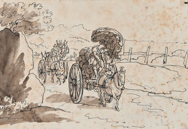 Veduta con carrozze nella campagna