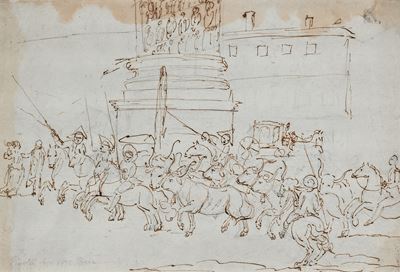 Veduta di Piazza Colonna con cavalieri e buoi
