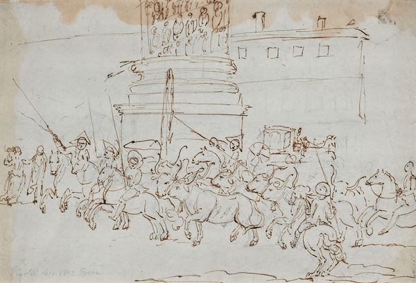 Veduta di Piazza Colonna con cavalieri e buoi