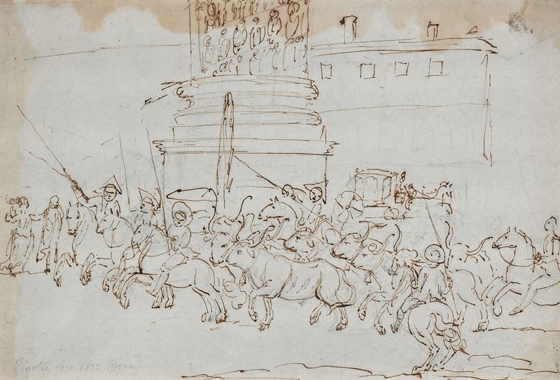 Bartolomeo Pinelli - Veduta di Piazza Colonna con cavalieri e buoi