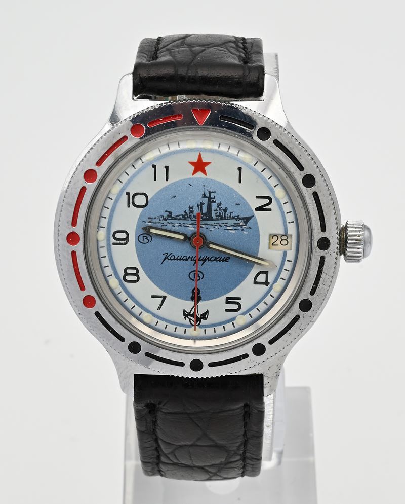 Vostok Komandirskie - Orologio da polso automatico con datario da uomo in metallo cromato con fon...