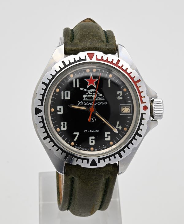 Vostok Komandirskie - Orologio da polso a carica meccanica con datario da uomo in metallo cromato con fondello in acciaio