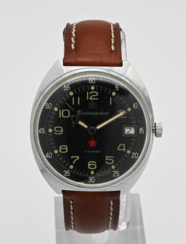 Vostok Komandirskie - Orologio da polso a carica meccanica con datario da uomo in metallo cromato con fondello in acciaio