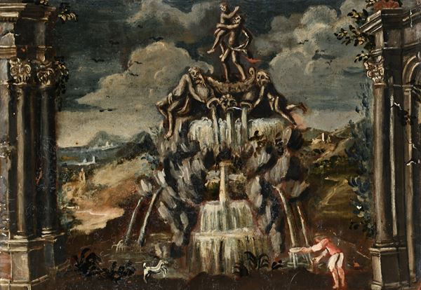Pittore del XVIII secolo - Capriccio architettonico con fontana