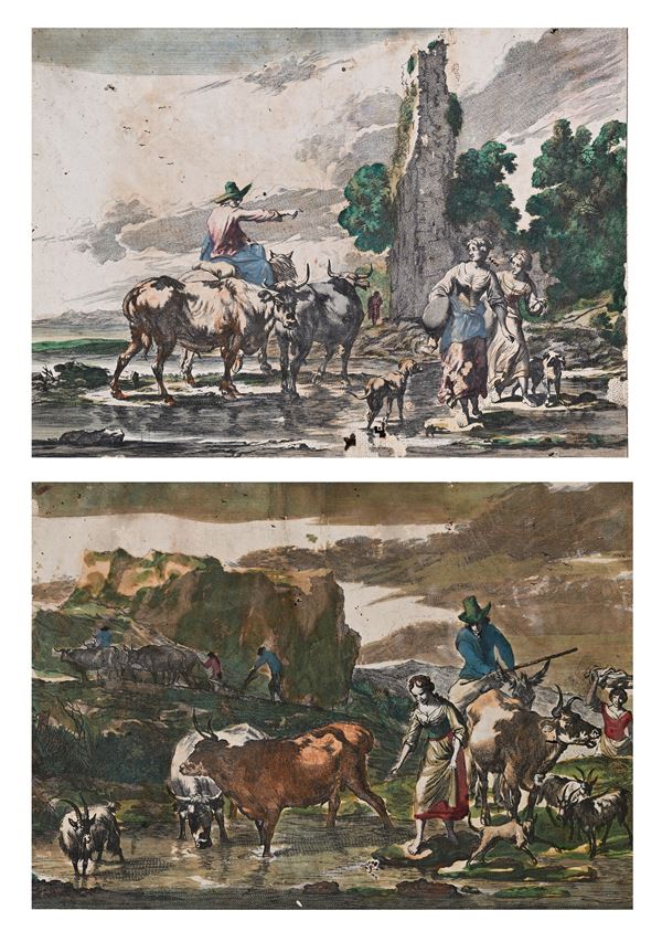 Coppia di incisioni colorate da opere di Berchem, in cornice