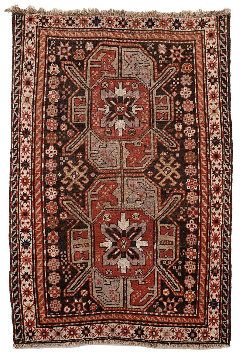 Tappeto caucasico Kazak fondo bruno a disegno geometrico, fine XIX/inizi XX secolo