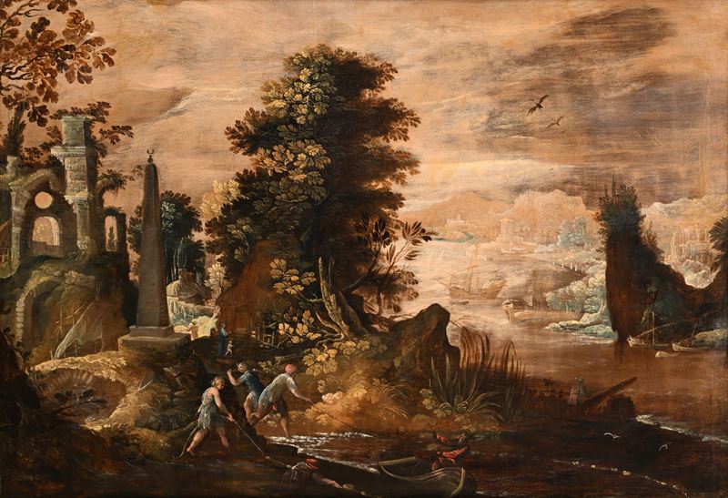 Philipp Peter Roos - Paesaggio con pescatori e rovine antiche, olio su tela