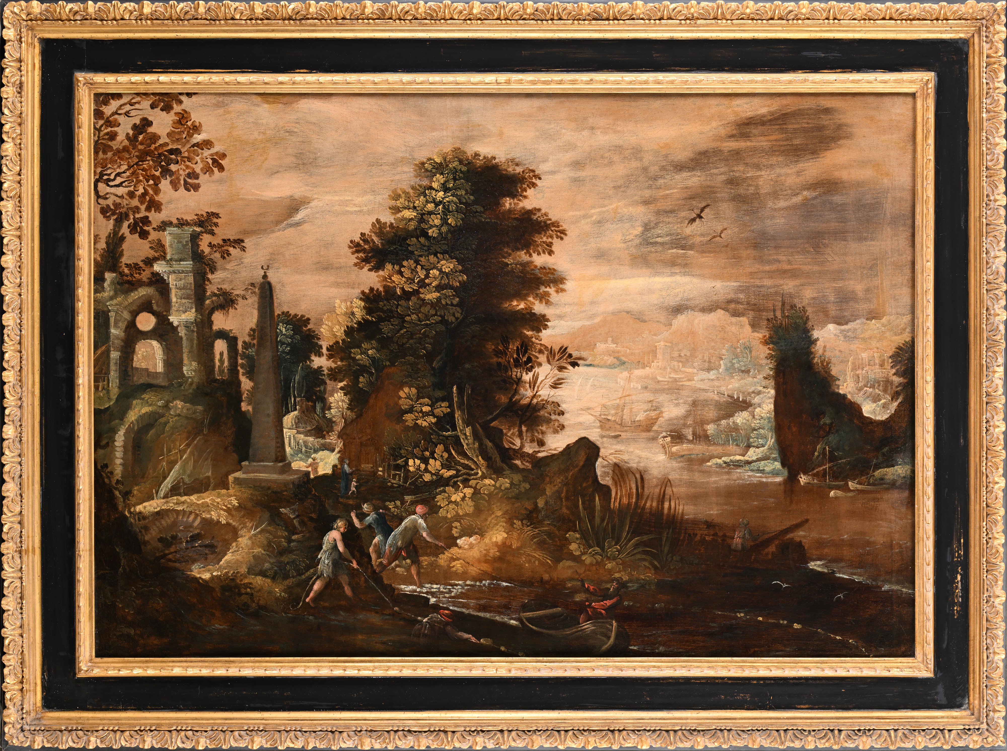 Philipp Peter Roos - Paesaggio con pescatori e rovine antiche, olio su tela