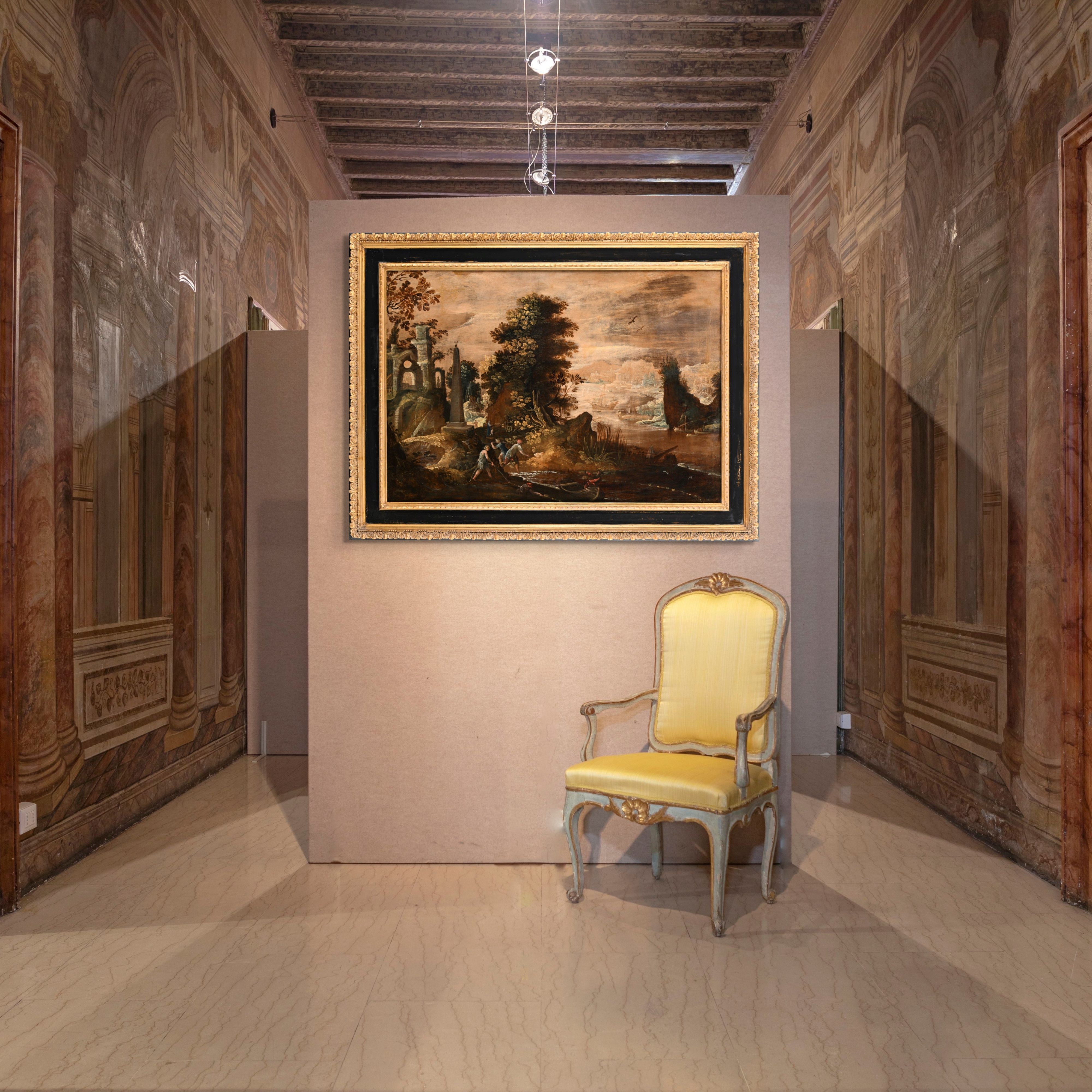 Philipp Peter Roos - Paesaggio con pescatori e rovine antiche, olio su tela