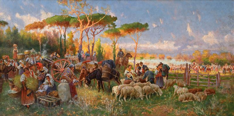 Pietro Barucci - Mercato nella campagna romana, olio su tela