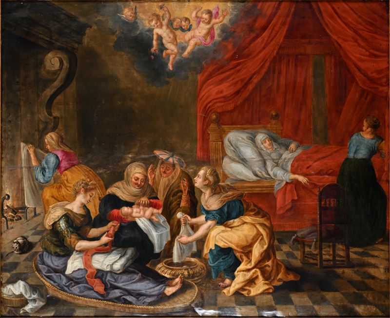 Pittore del XVIII Secolo - La nascita della Vergine, olio su rame