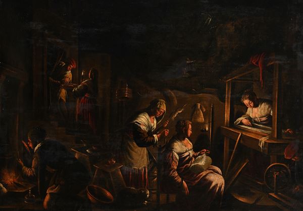 Filatrici, arrotino e figura in preghiera