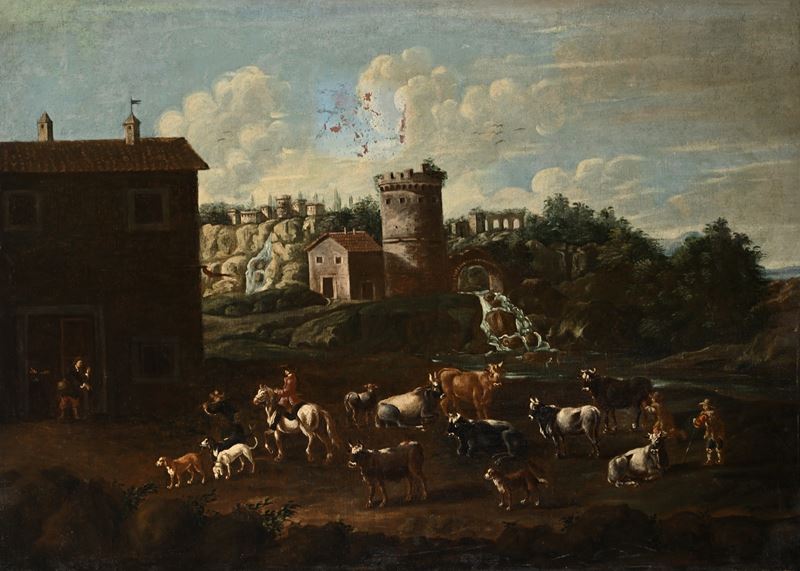 Paesaggio con torre e armenti