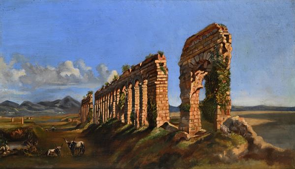 Bufali presso un antico acquedotto nella Campagna romana