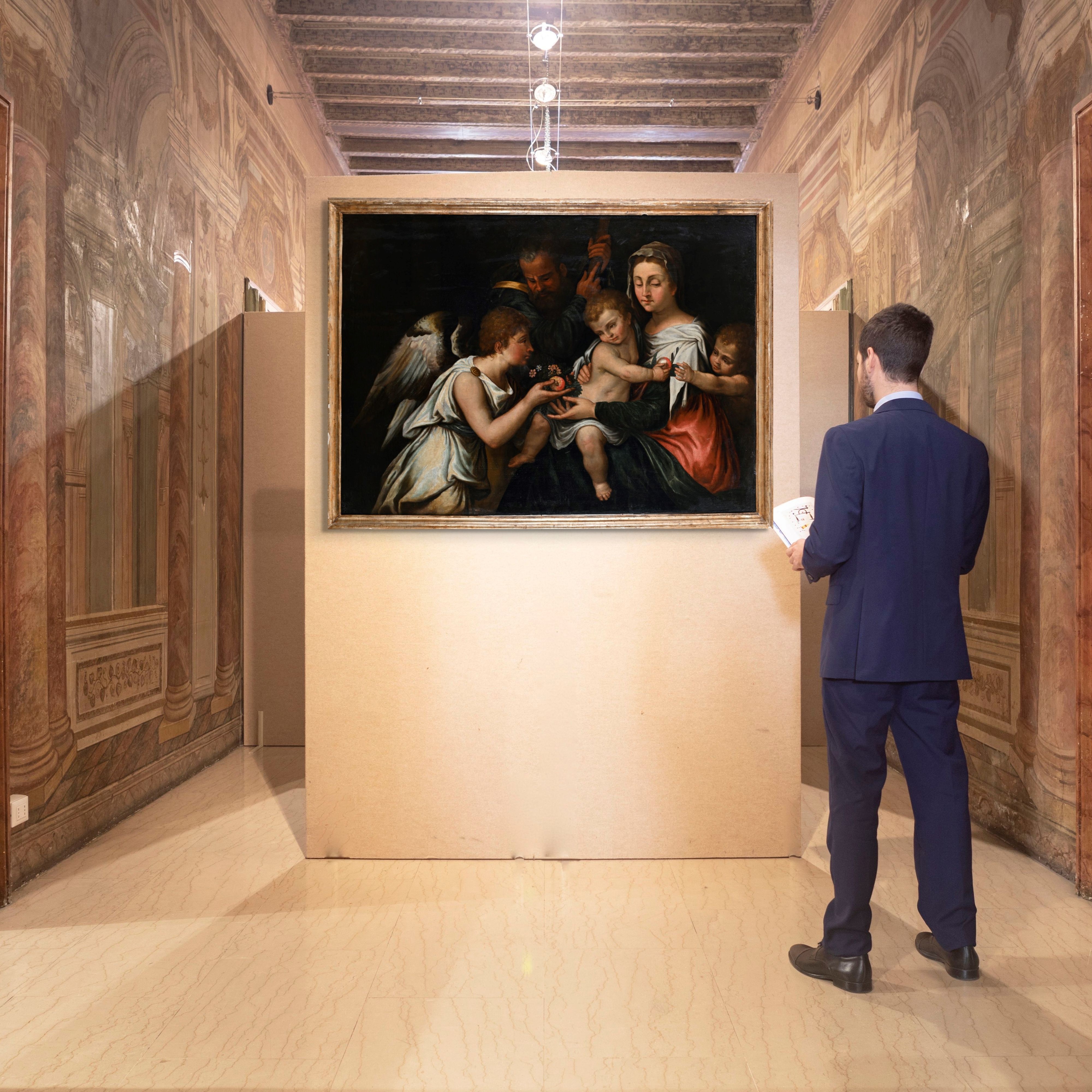Pittore del XVIII Secolo - Sacra Famiglia con San Giovannino e un angelo, olio su tela