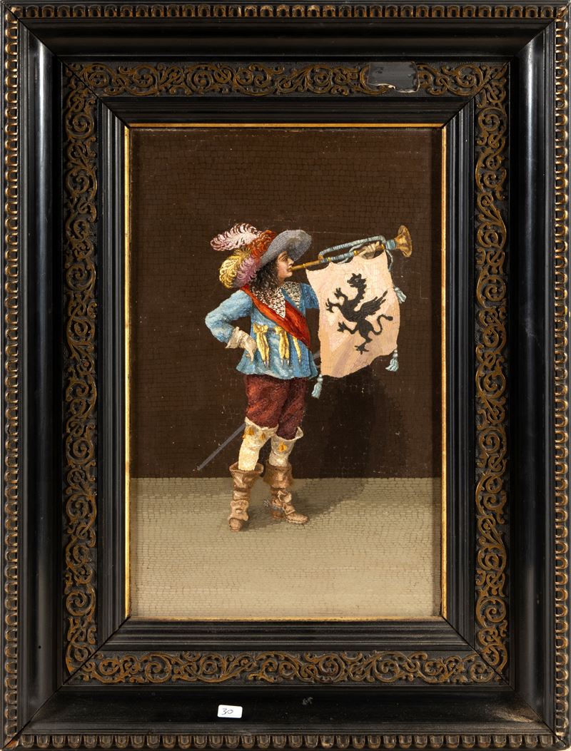 Moschettiere con chiarina da cui pende un vessillo con grifone