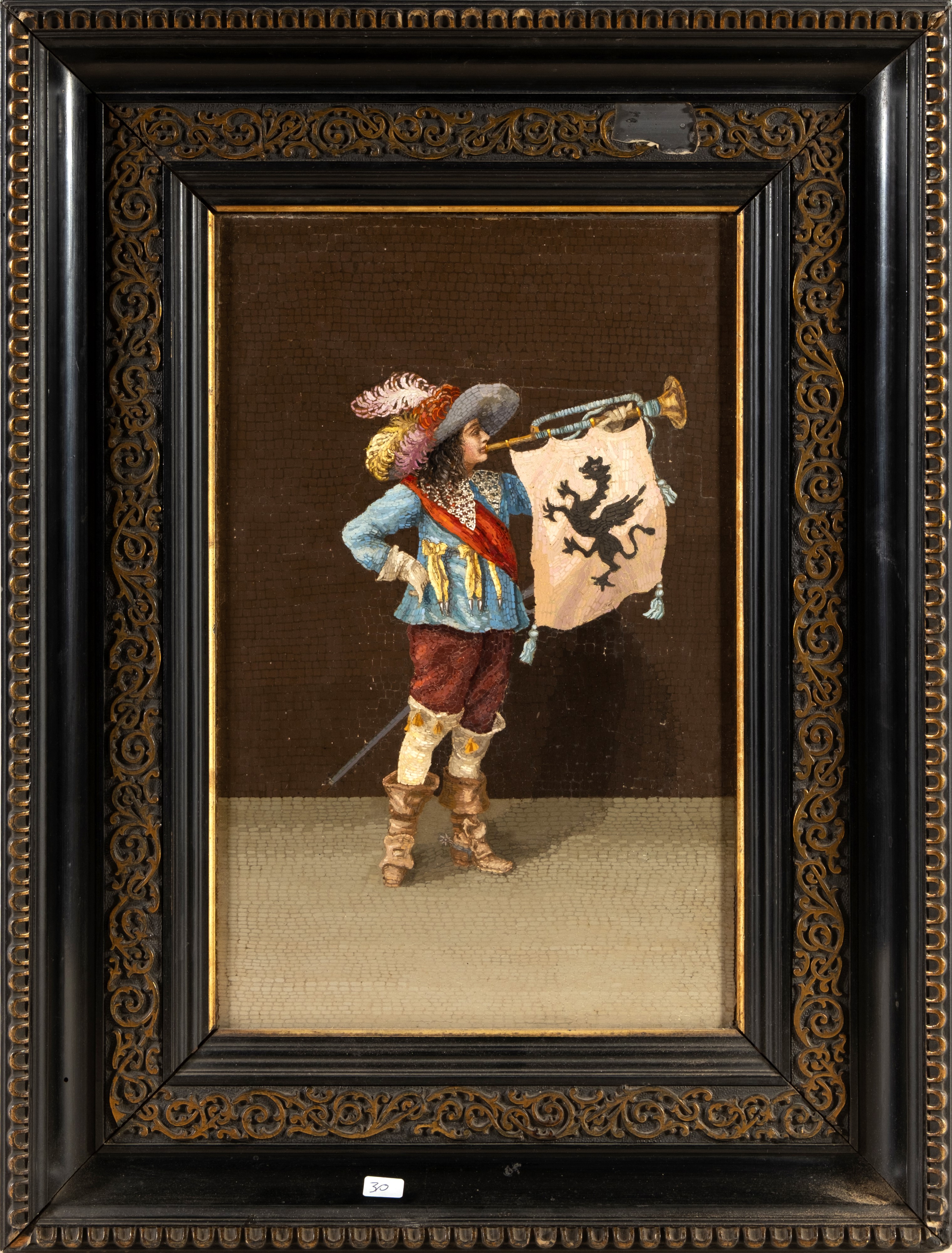 Moschettiere con chiarina da cui pende un vessillo con grifone