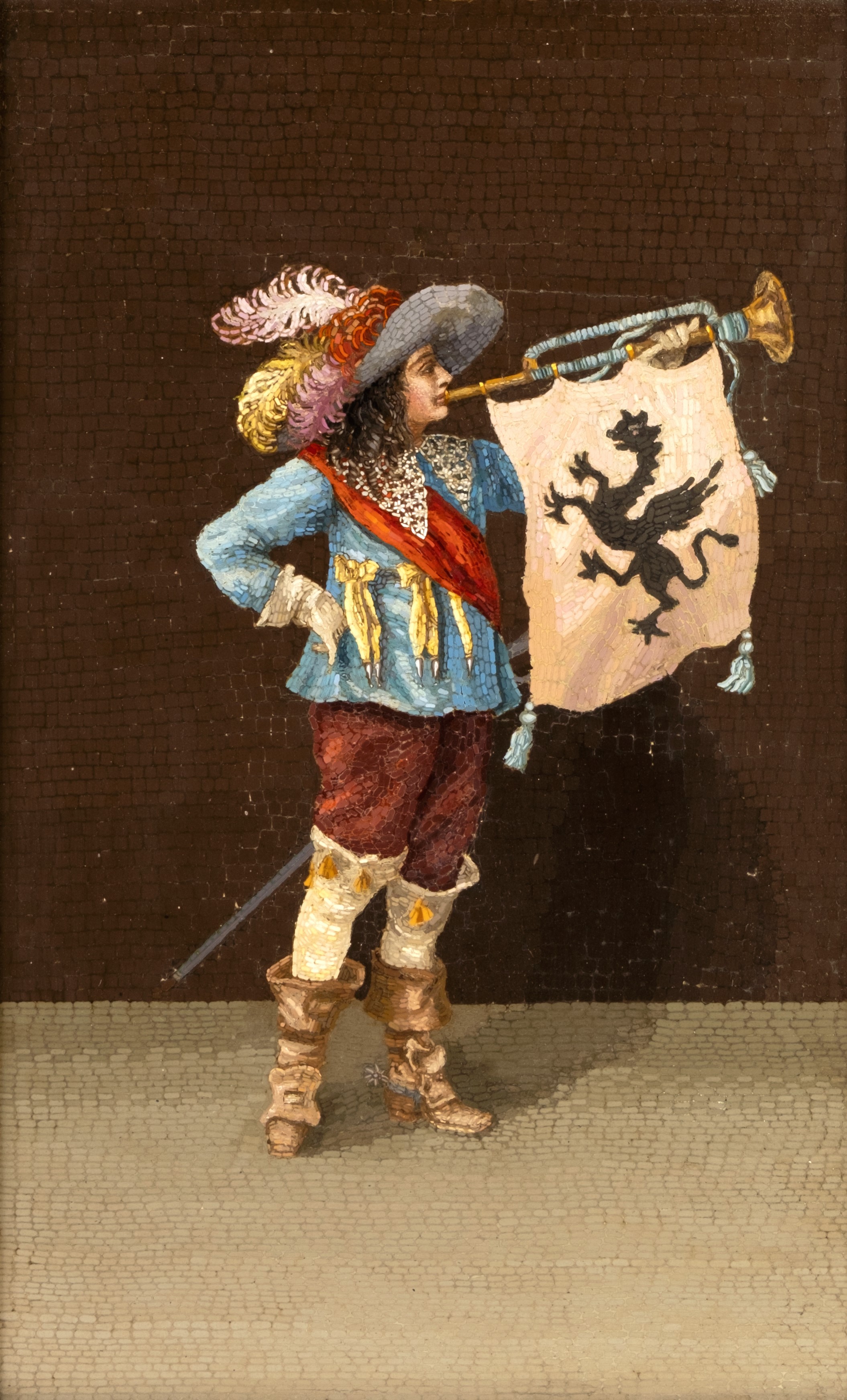 Moschettiere con chiarina da cui pende un vessillo con grifone