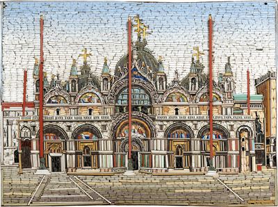 Mosaico minuto in paste vitree, raffigurante la facciata della Basilica di San Marco a Venezia, i...