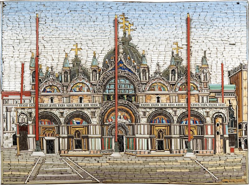 Mosaico minuto in paste vitree, raffigurante la facciata della Basilica di San Marco a Venezia, i...