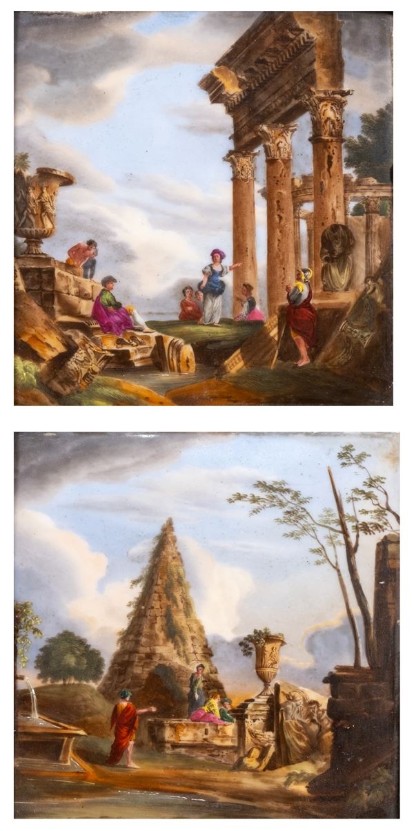 a) Capriccio architettonico con piramide Cestia e figure  b) Capriccio architettonico con rovine romane e figure