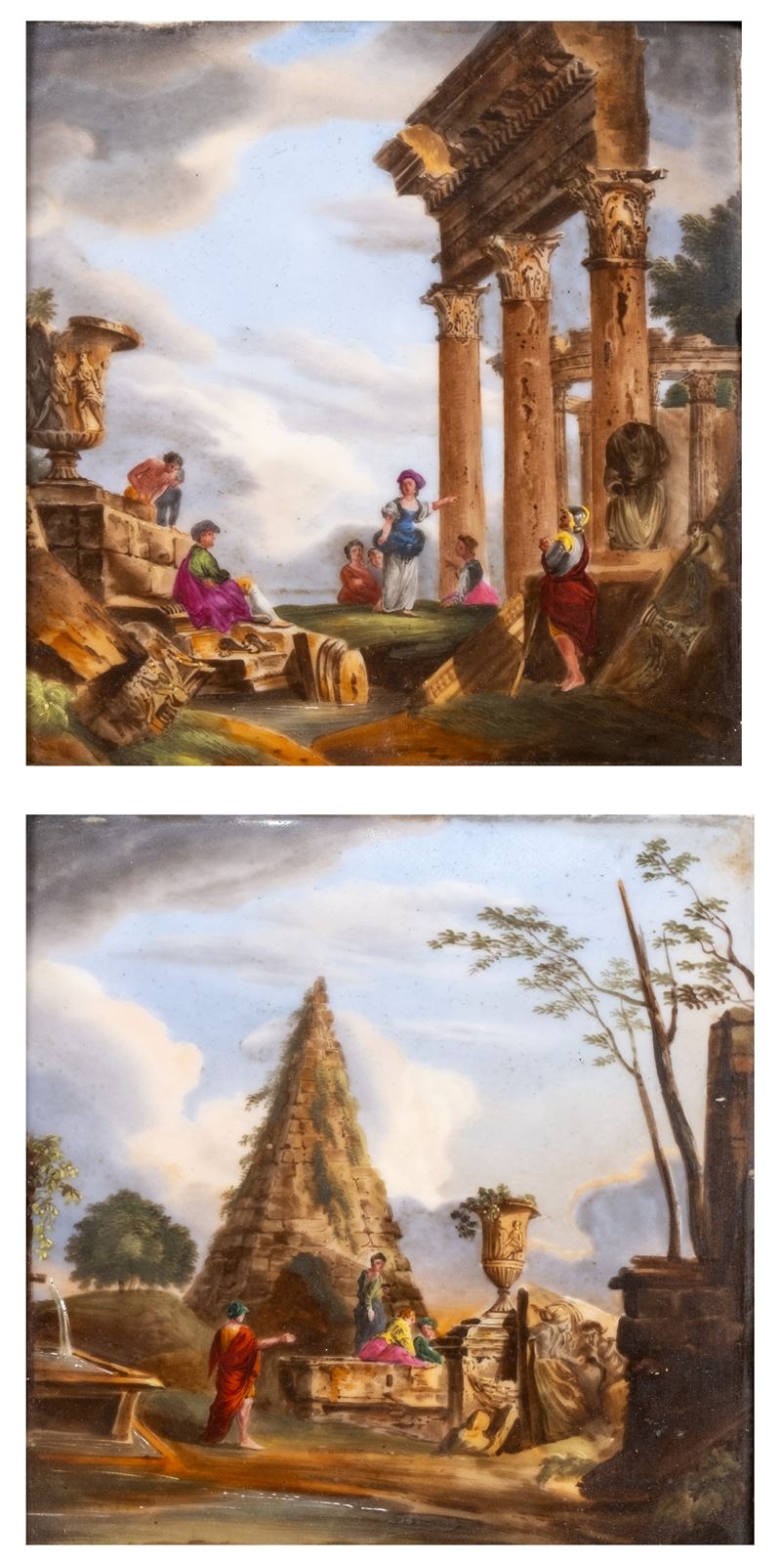 Giovanni Paolo Panini e Giovanni Ghisolfi, Coppia di capricci architettonici con porcellana polic...