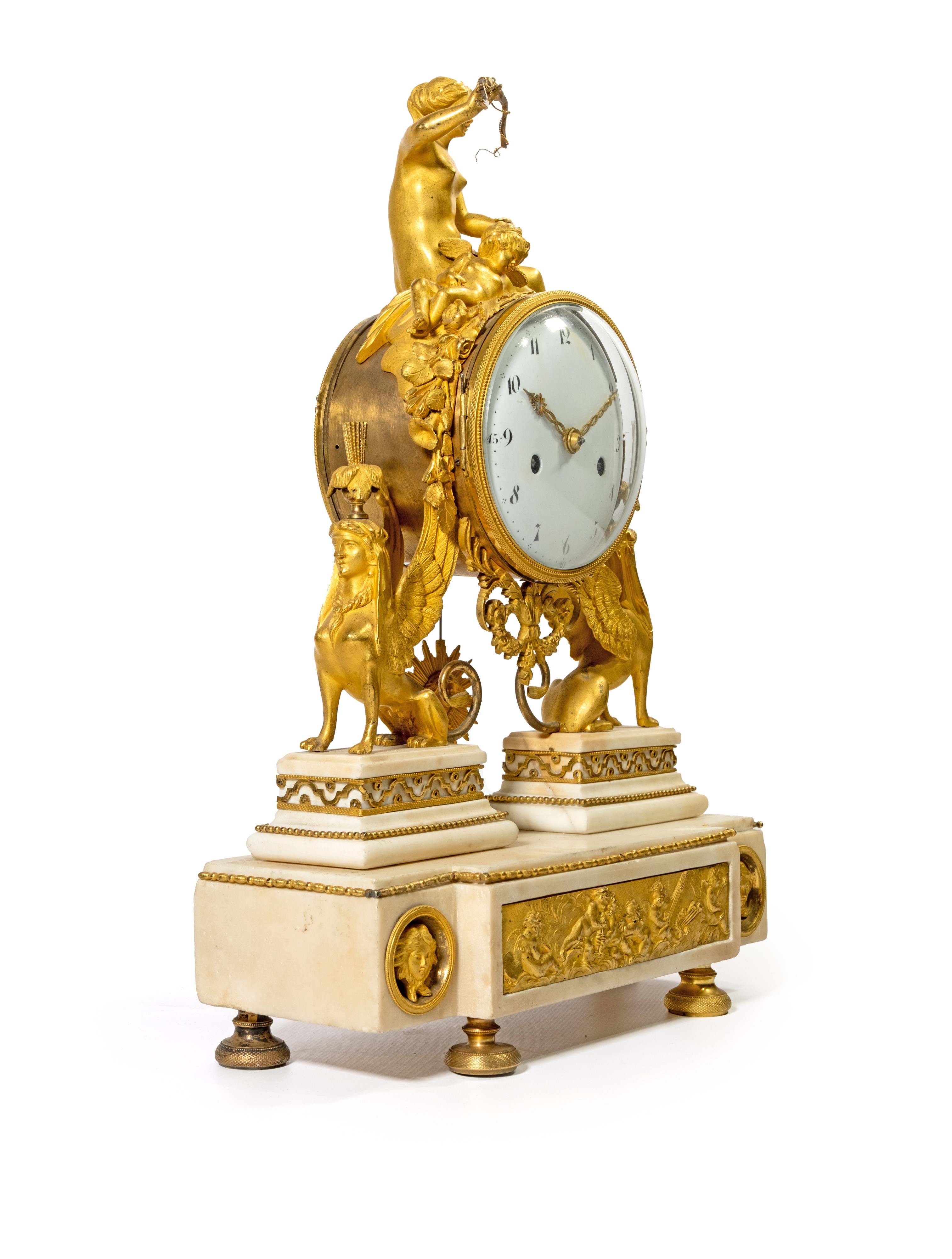 Pendola Direttorio, cassa in bronzo dorato e marmo bianco, Francia, fine XVIII secolo