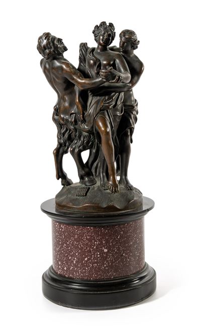 Gruppo scultoreo in bronzo brunito con Apollo, una ninfa e un satiro, XIX secolo
