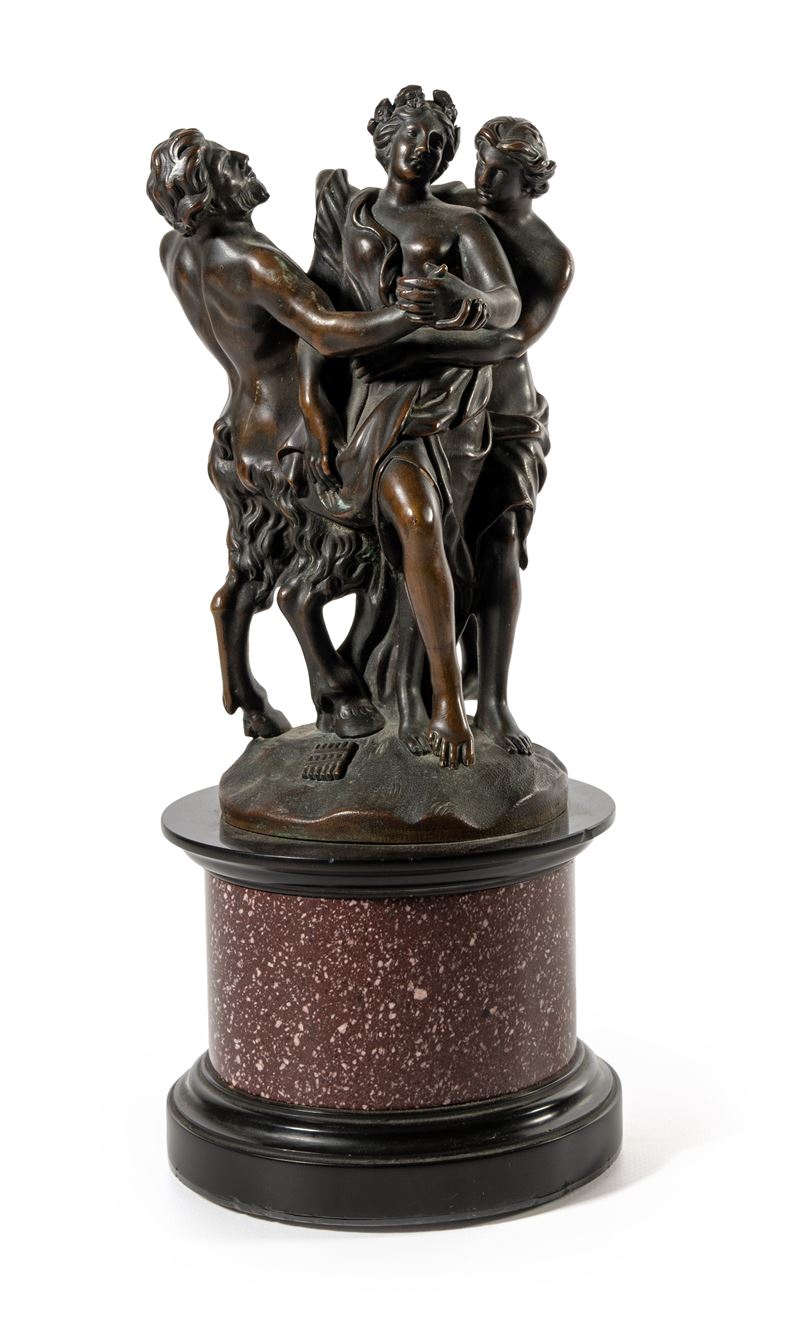 Gruppo scultoreo in bronzo brunito con Apollo, una ninfa e un satiro, XIX secolo
