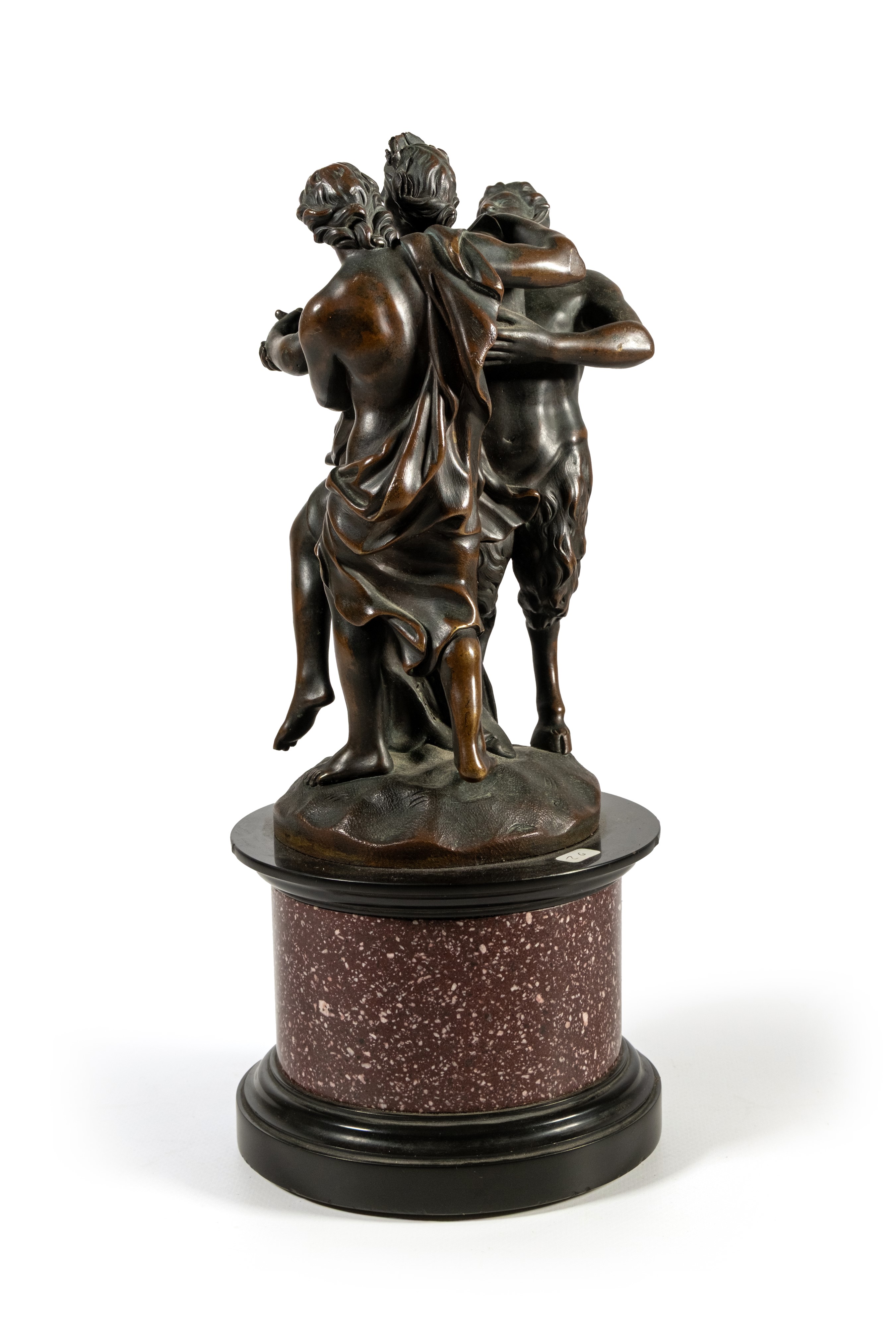 Gruppo scultoreo in bronzo brunito con Apollo, una ninfa e un satiro, XIX secolo