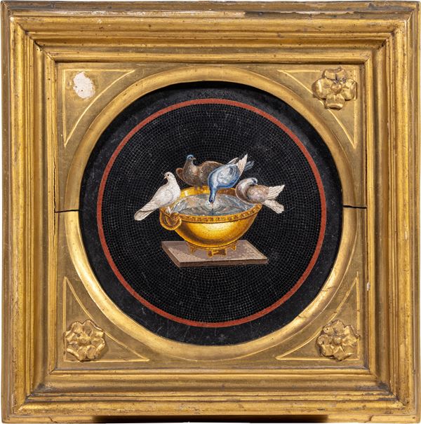 Placca in marmo nero con inserto in micromosaico raffigurante le colombe di Plinio