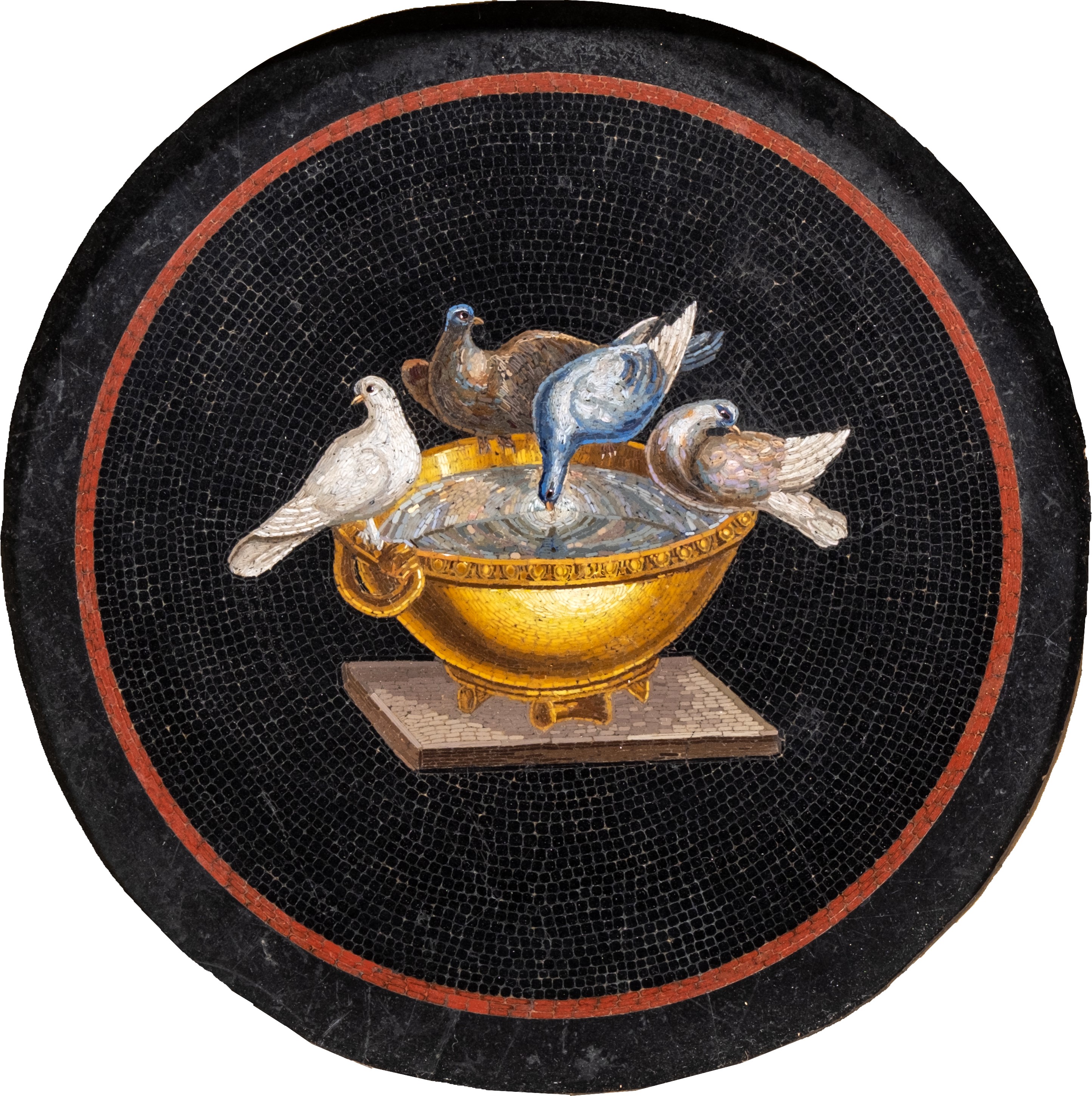 Placca in marmo nero con micromosaico raffigurante le colombe di Plinio, XIX secolo